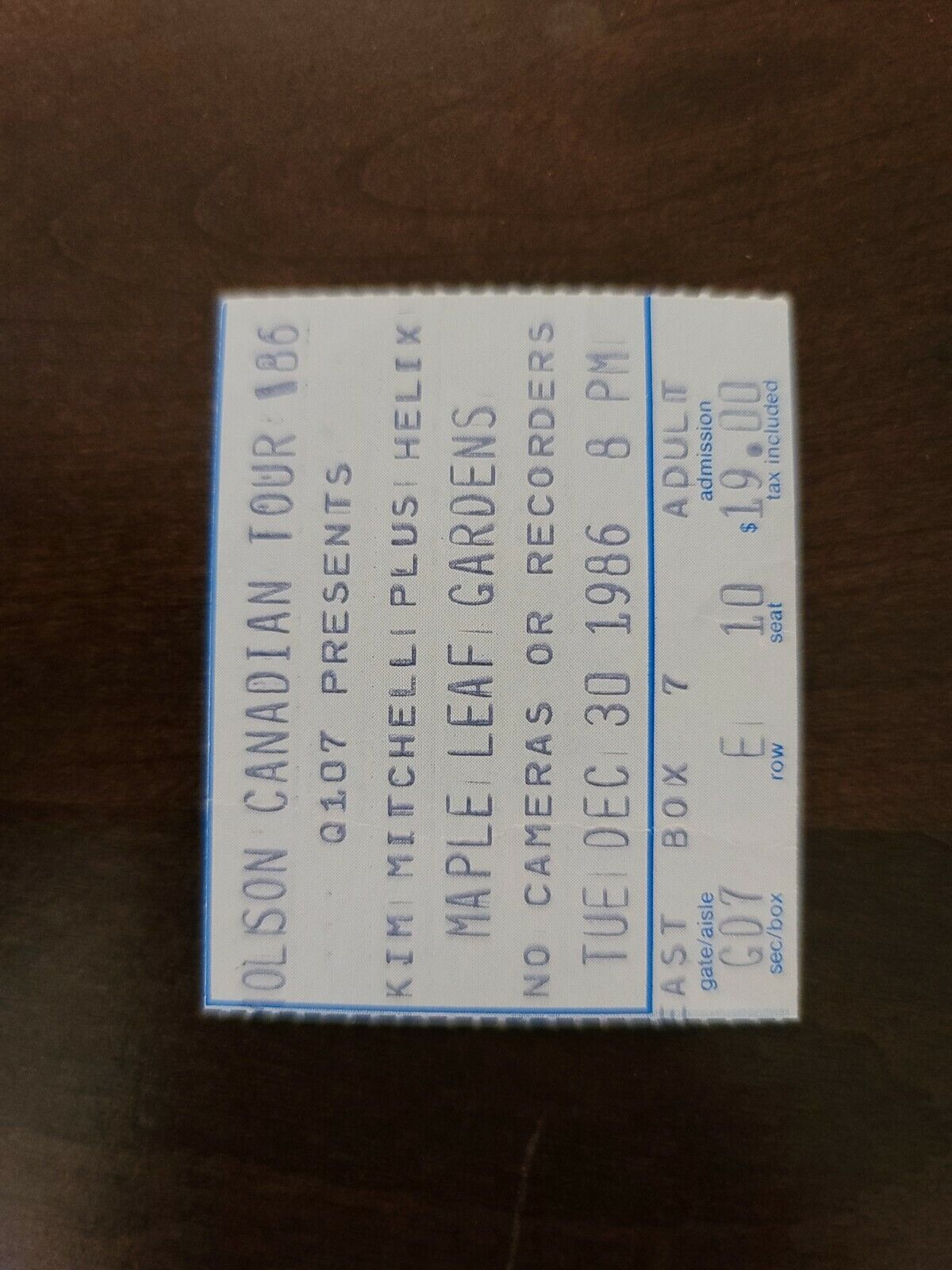 Kim Mitchell Helix 1986, Toronto Maple Leaf Gardens Original Concert Ticket Stub