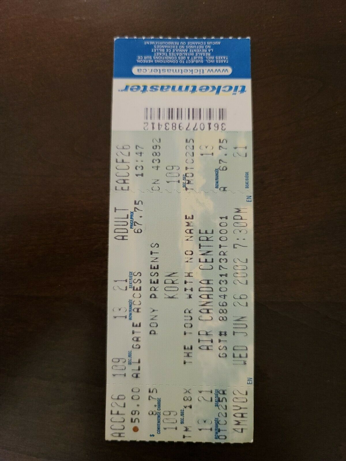 Korn 2002, Toronto Air Canada Centre Original Concert Ticket Stub