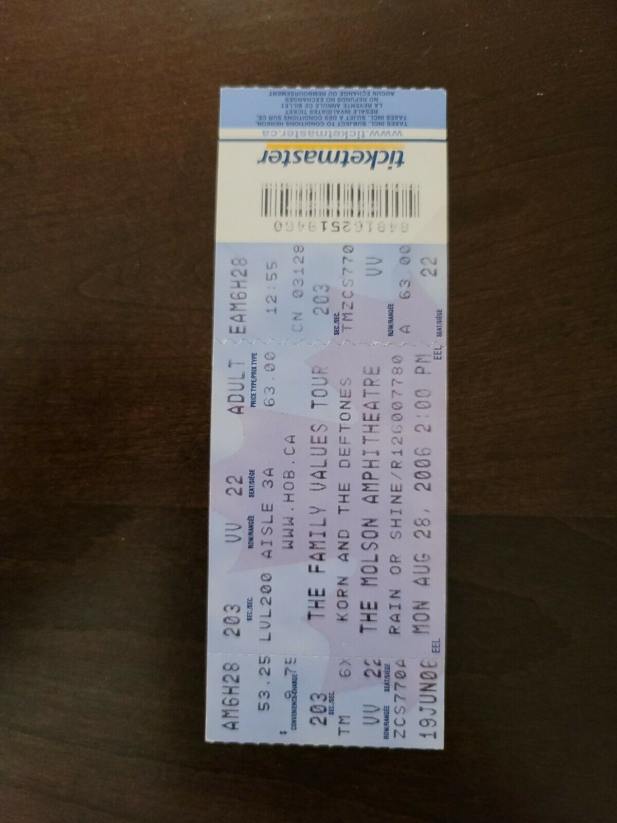 Korn And Deftones 2006, Toronto Molson Amphitheater Original Concert Ticket Stub