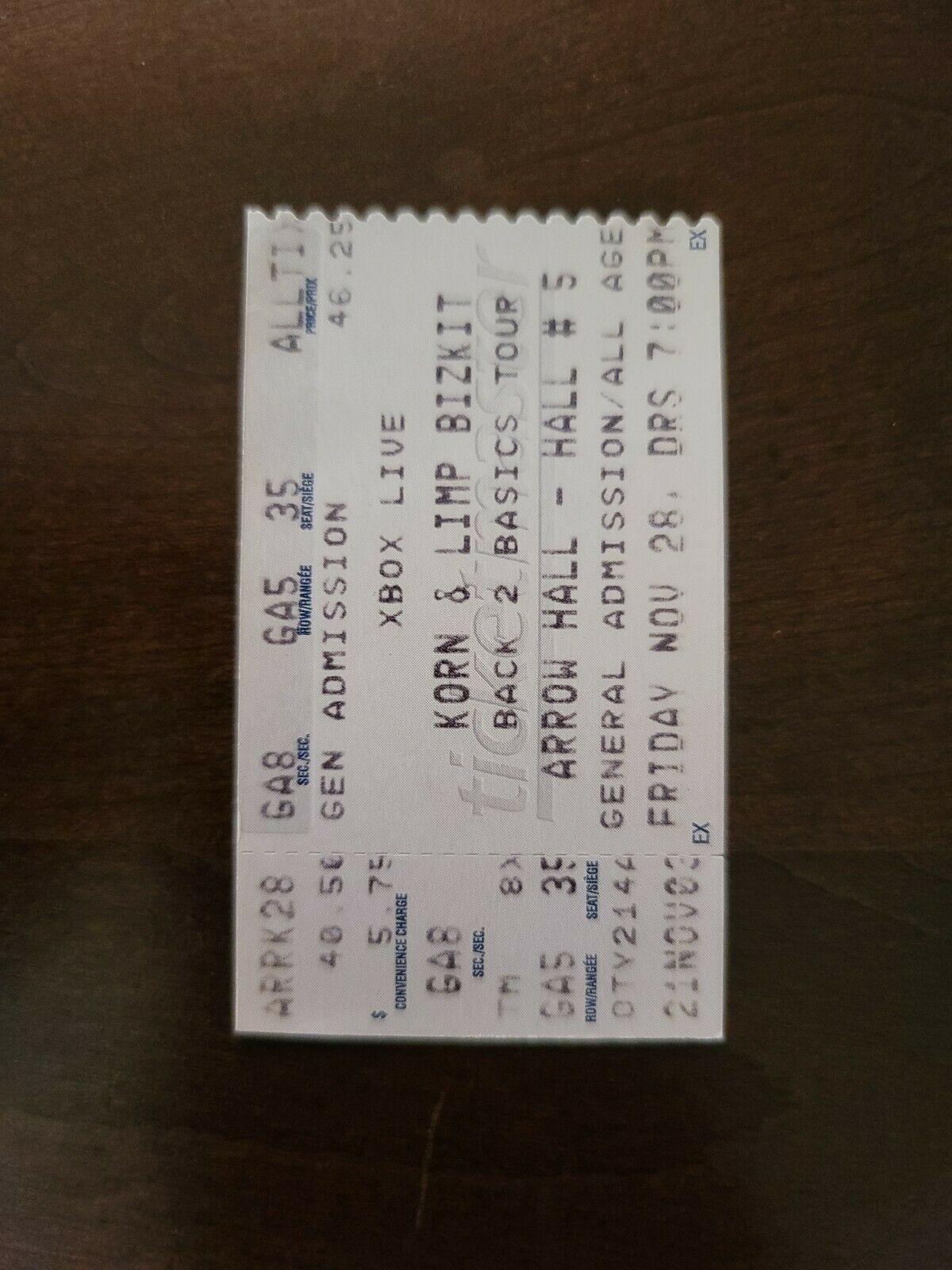 Korn Limp Bizkit 2003, Toronto Arrow Hall Original Concert Ticket Stub