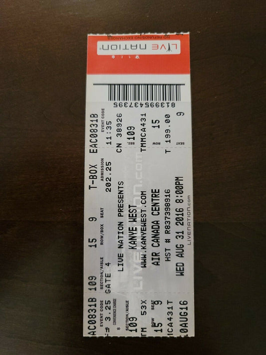 Kanye West 2016, Toronto Air Canada Centre Original Concert Ticket Stub
