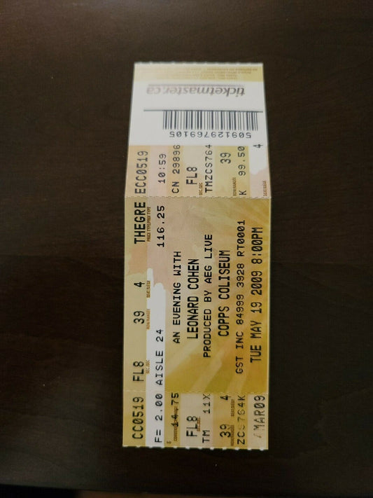 Leonard Cohen 2009, Hamilton Copps Coliseum Original Concert Ticket Stub