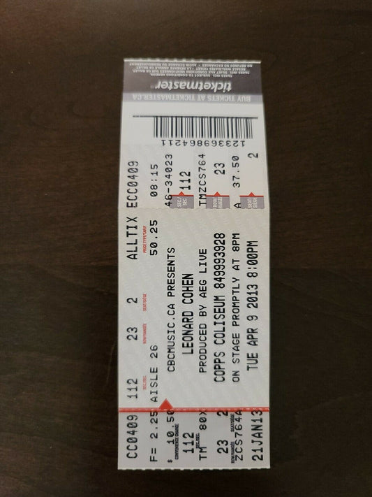Leonard Cohen 2013, Hamilton Copps Coliseum Original Concert Ticket Stub
