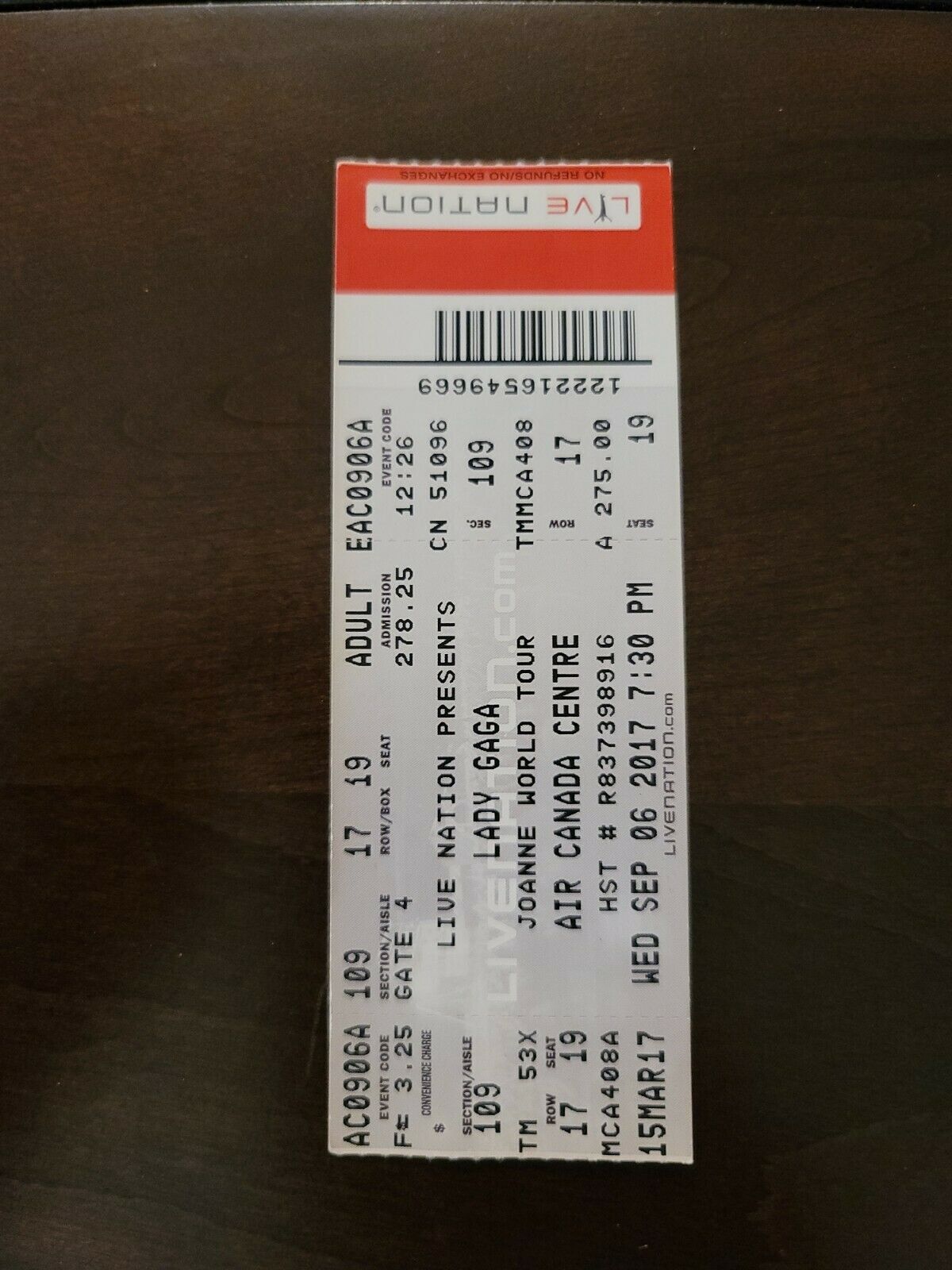 Lady Gaga 2017, Toronto Air Canada Centre Original Concert Ticket Stub