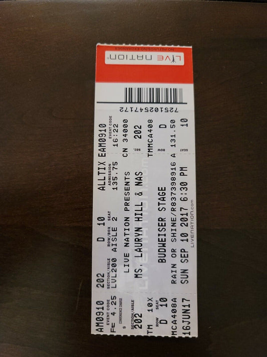 Lauryn Hill 2017, Toronto Budweiser Stage Original Concert Ticket Stub