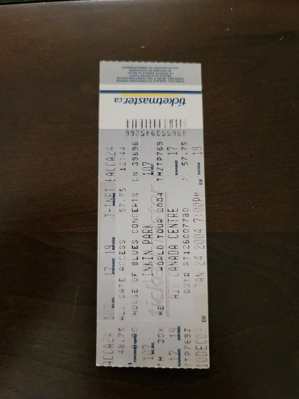 Linkin Park 2004, Toronto Air Canada Centre Original Concert Ticket Stub