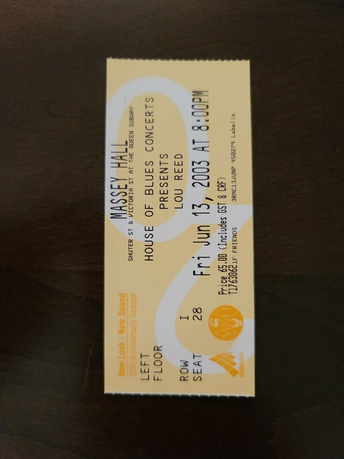 Lou Reed 2003, Toronto Massey Hall Original Concert Ticket Stub