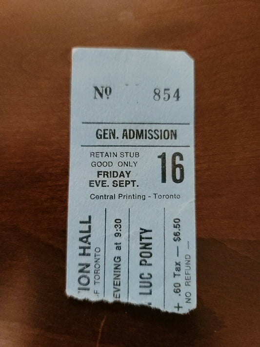 Jean-Luc Ponty 1977, Toronto Convocation Hall Original Concert Ticket Stub