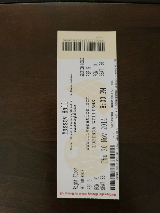Lucinda Williams 2014, Toronto Massey Hall Original Concert Ticket Stub