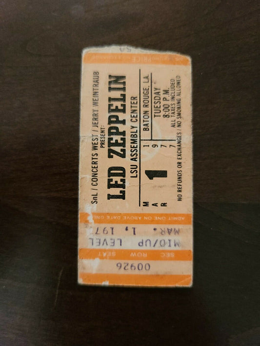 Led Zeppelin 1977, Baton Rouge LSU Assembly Original Concert Ticket Stub