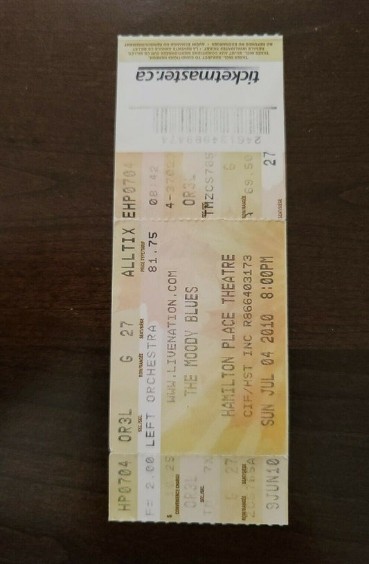 The Moody Blues 2010, Hamilton Place Theatre Concert Gold Ticket Stub