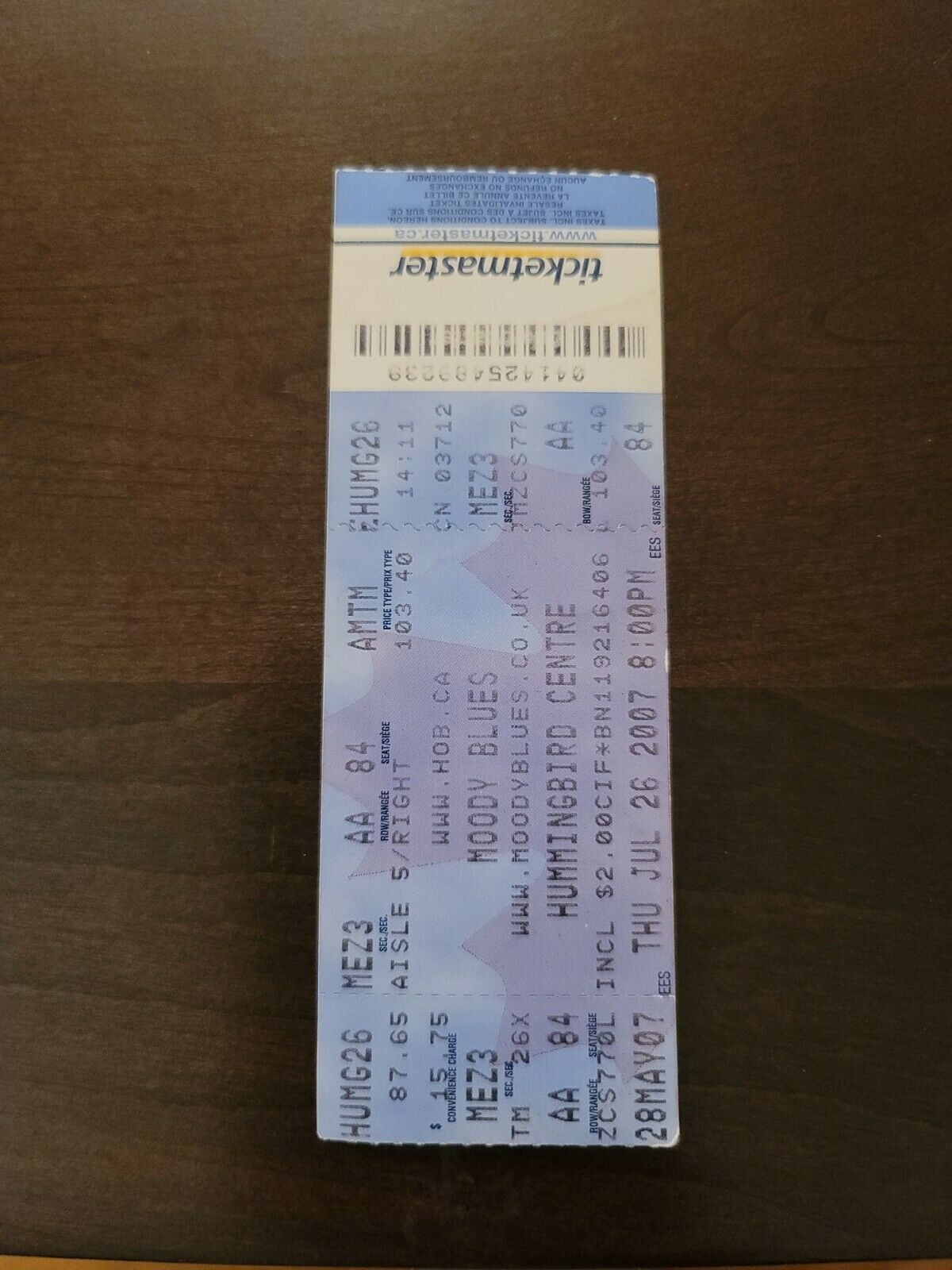 Moody Blues 2007, Toronto Hummingbird Centre Original Concert Ticket Stub