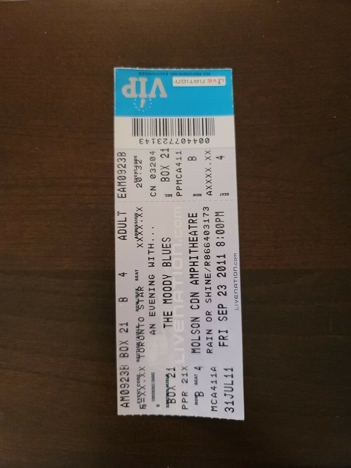 Moody Blues 2011, Toronto Molson Amphitheater Original Concert Ticket Stub
