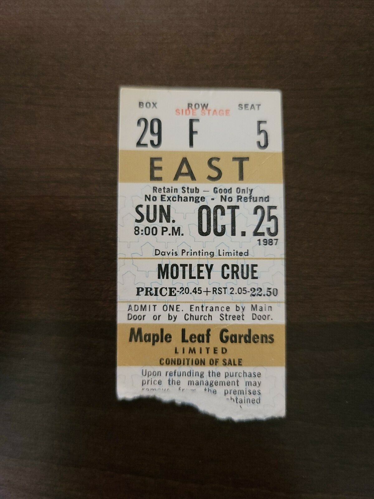 Motley Crue 1987, Toronto Maple Leaf Gardens Original Concert Ticket Stub