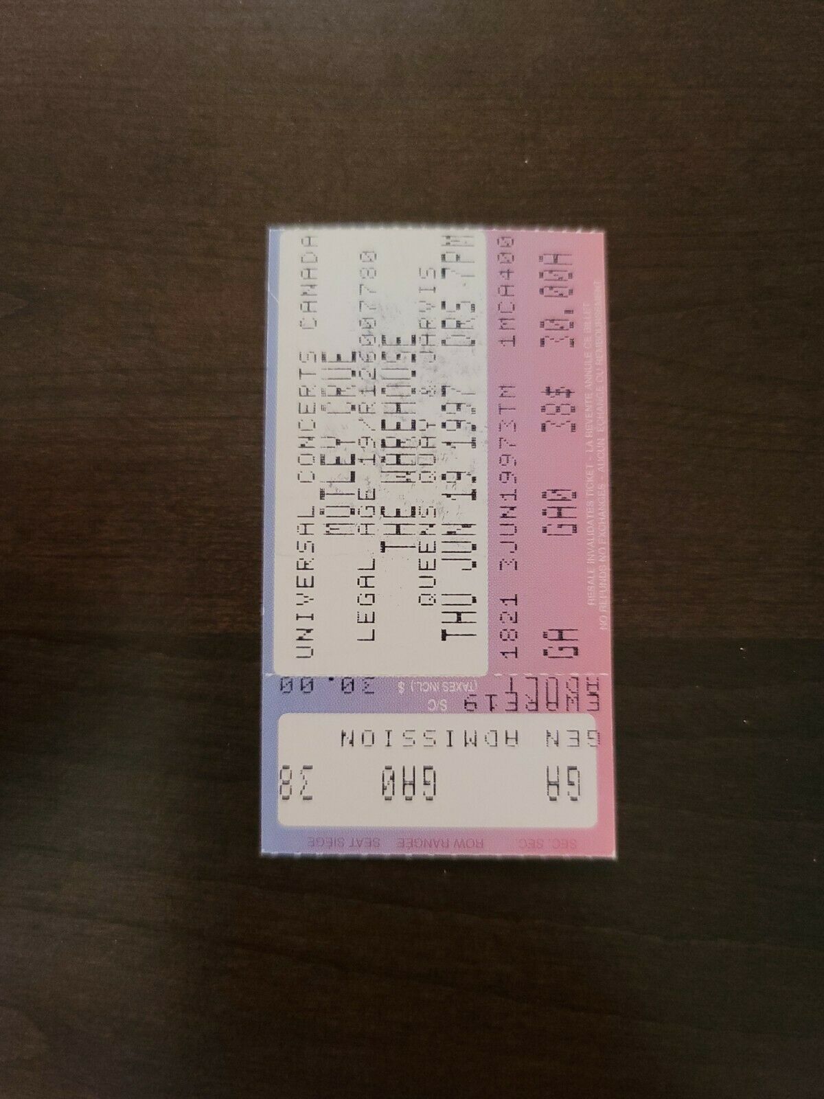 Motley Crue 1997, Toronto The Warehouse Original Concert Ticket Stub