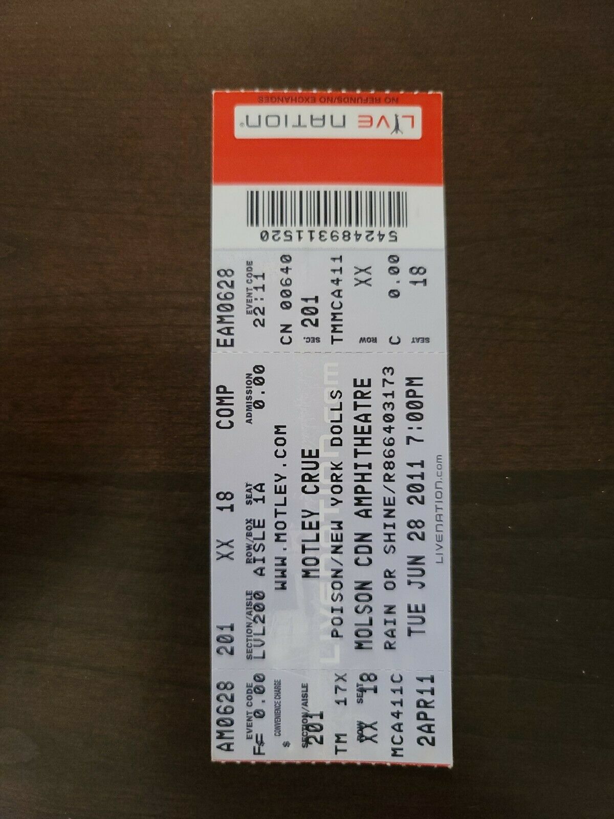 Motley Crue 2011, Toronto Molson Amphitheater Original Concert Ticket Stub