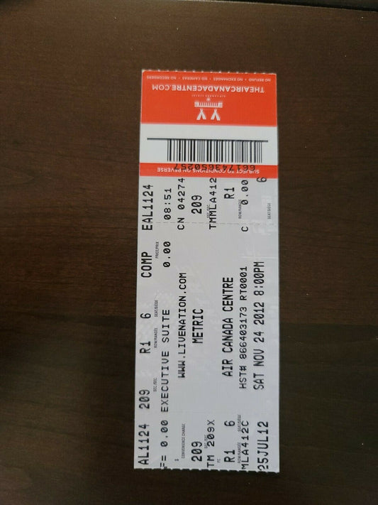 Metric 2012, Toronto Air Canada Centre Original Concert Ticket Stub