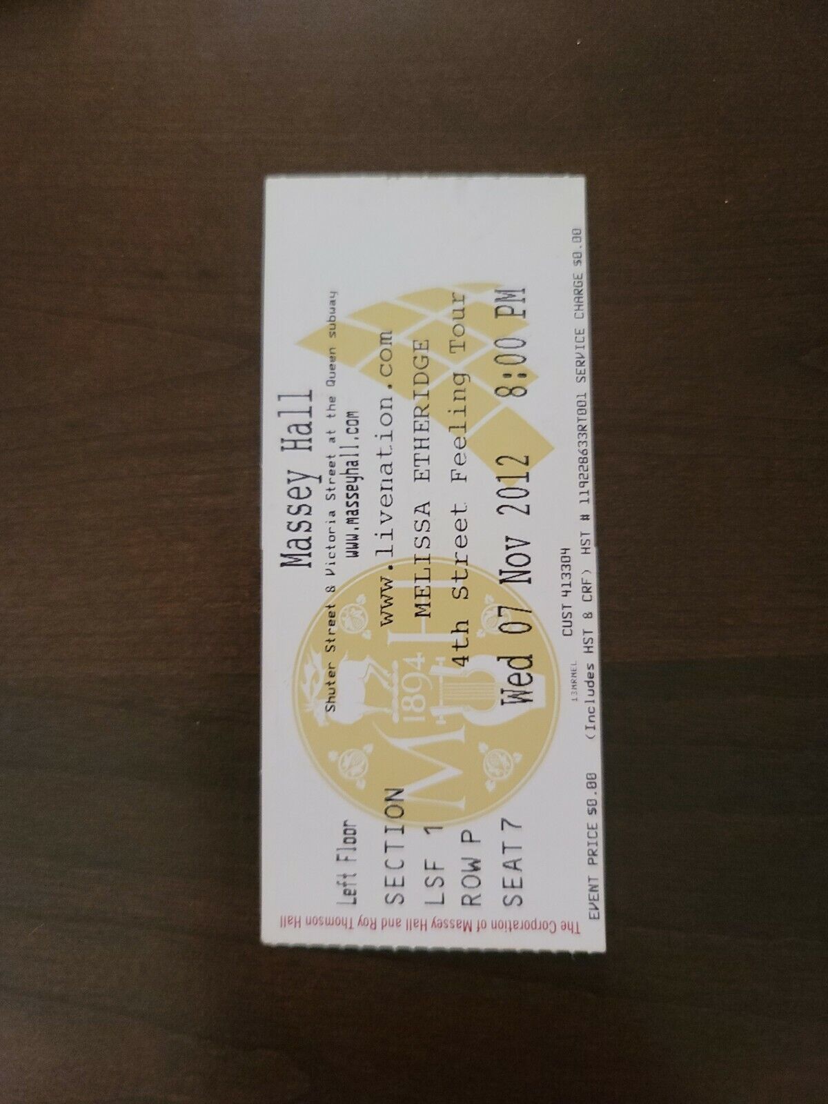 Melissa Etheridge 2012, Toronto Massey Hall Original Concert Ticket Stub