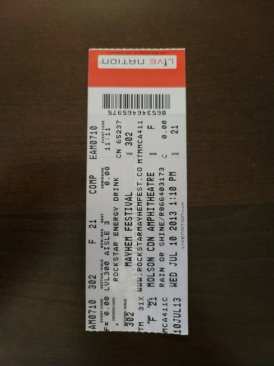 Mayhem Festival 2013, Toronto Molson Amphitheater Original Concert Ticket Stub