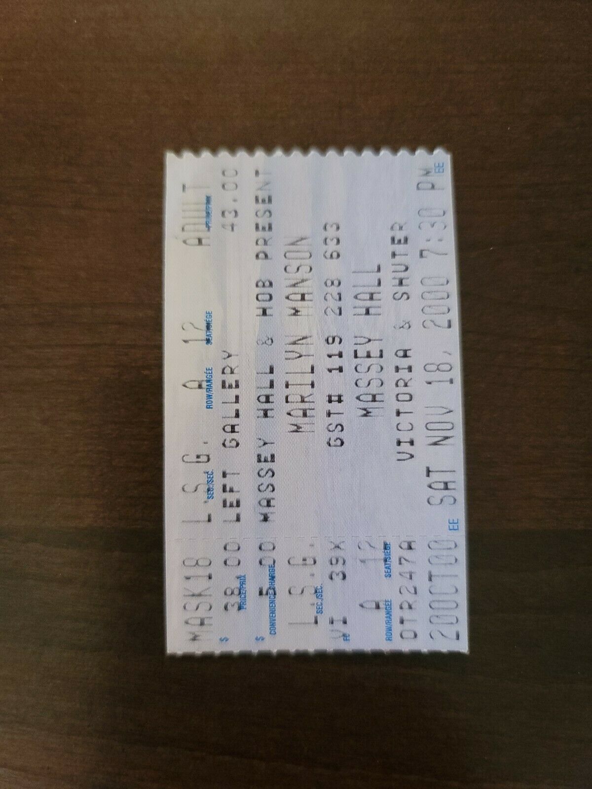 Marilyn Manson 2000, Toronto Massey Hall Original Concert Ticket Stub