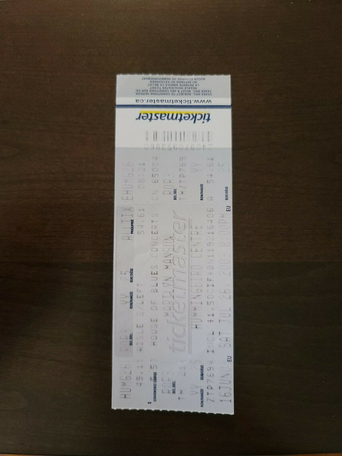 Marilyn Manson 2003, Toronto Hummingbird Centre Original Concert Ticket Stub