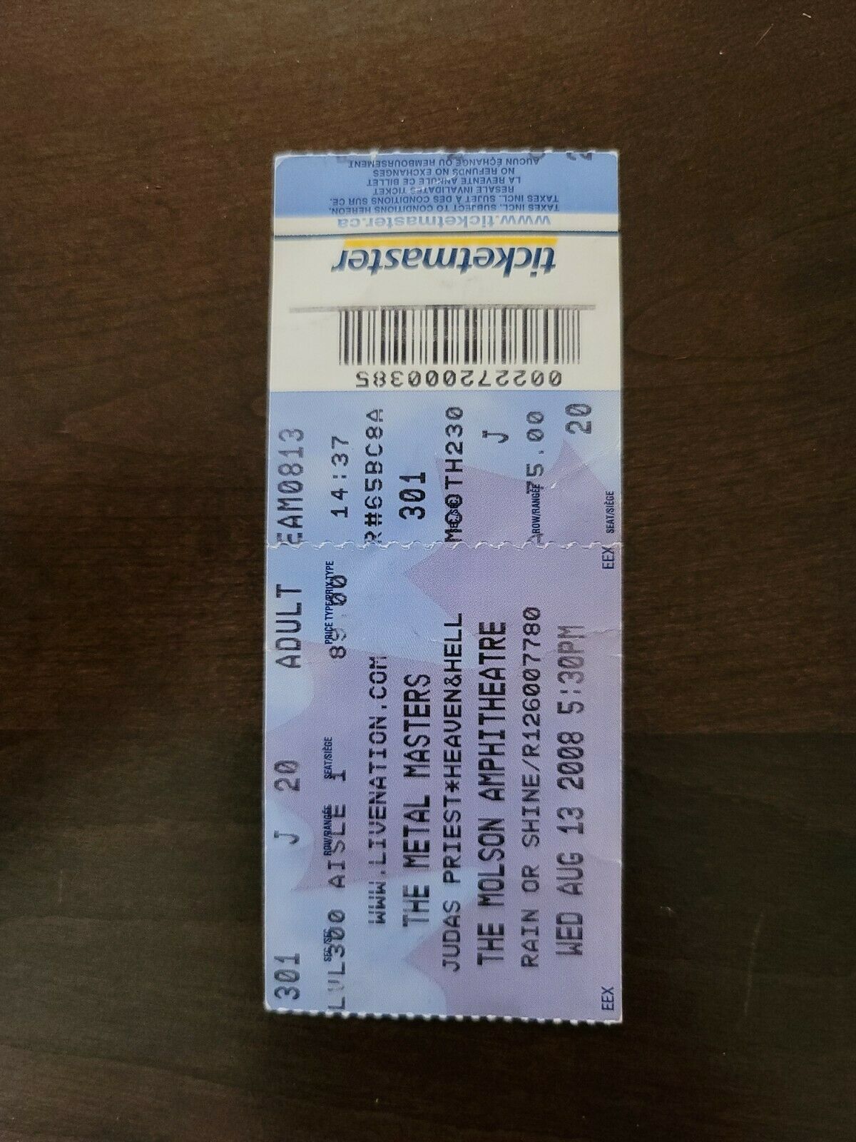 Metal Masters 2008, Toronto Molson Amphitheater Original Concert Ticket Stub