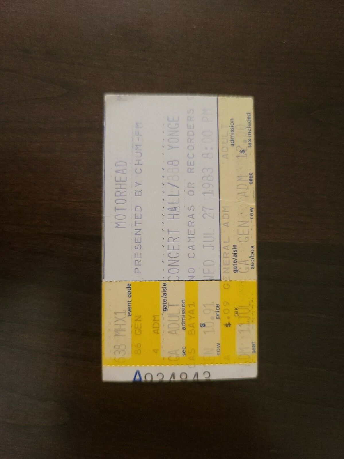 Motorhead 1983, Toronto Concert Hall Original Concert Ticket Stub