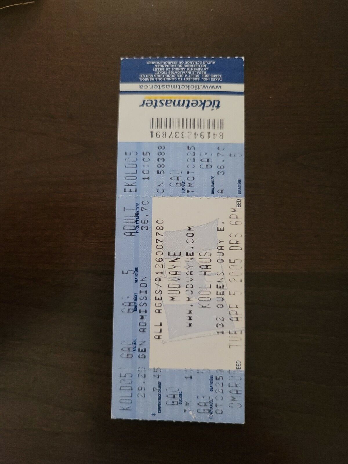 Mudvayne 2005, Toronto Kool Haus Original Concert Ticket Stub