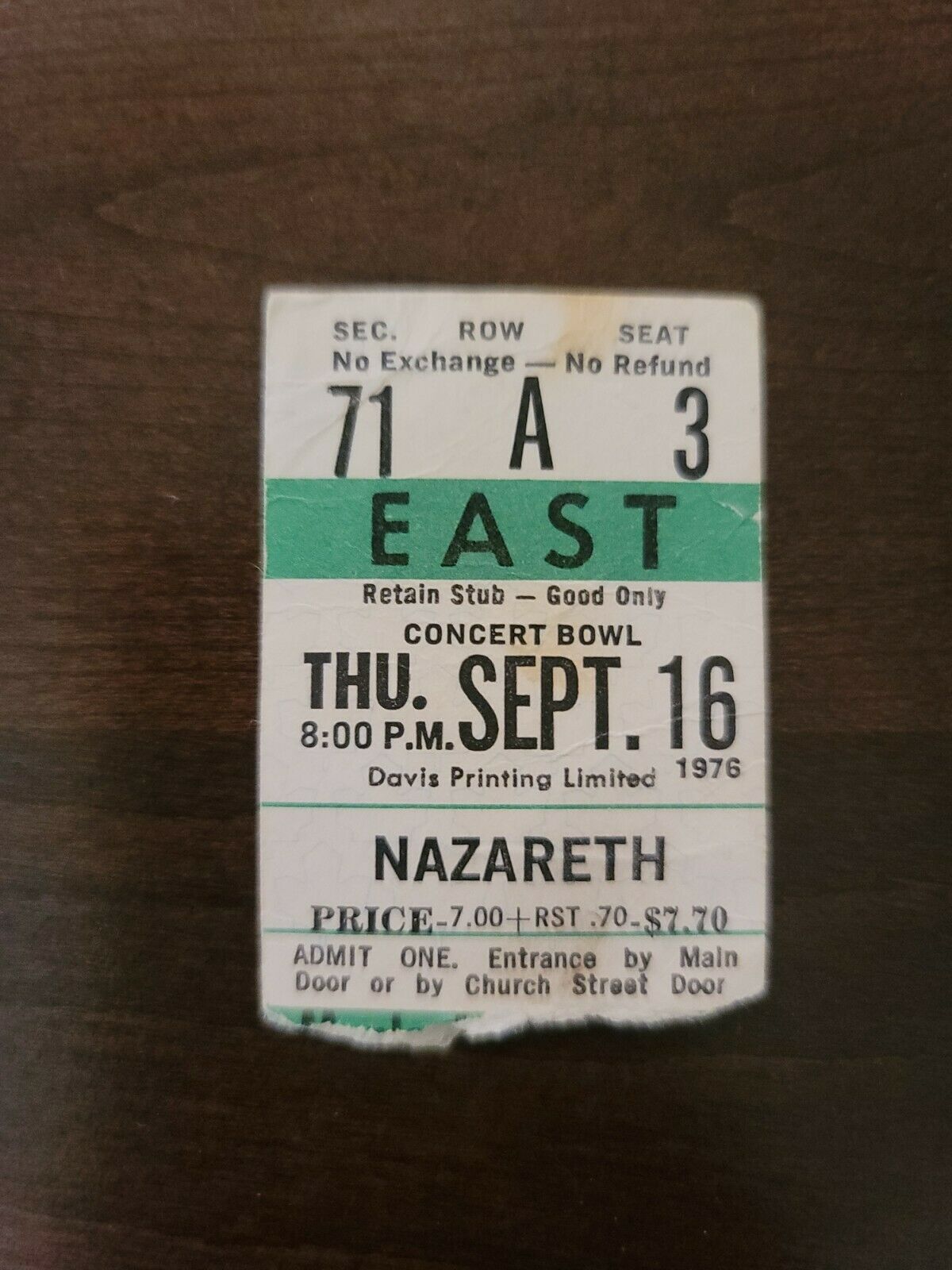 Nazareth 1976, Toronto Maple Leaf Gardens Original Ticket Stub
