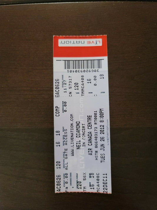 Neil Diamond 2012, Toronto Air Canada Centre Original Concert Ticket Stub