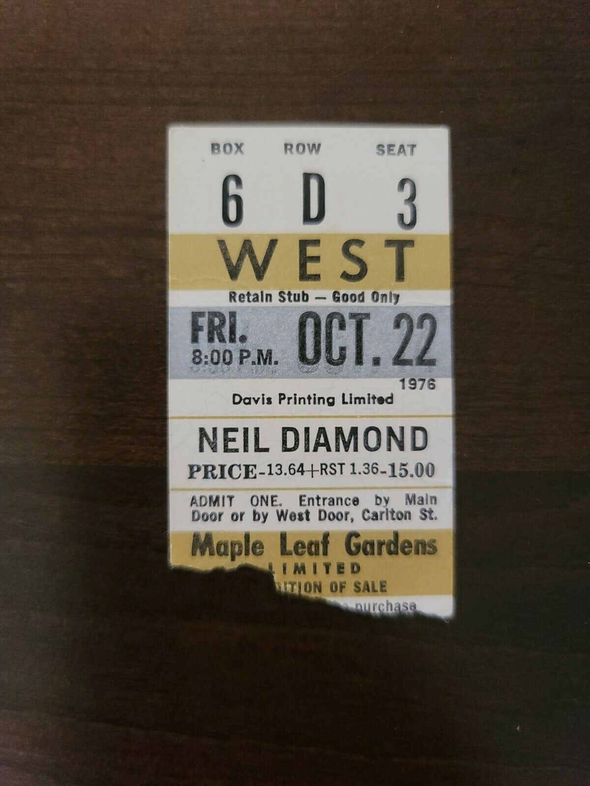 Neil Diamond 1976, Toronto Maple Leaf Gardens Original Concert Ticket Stub