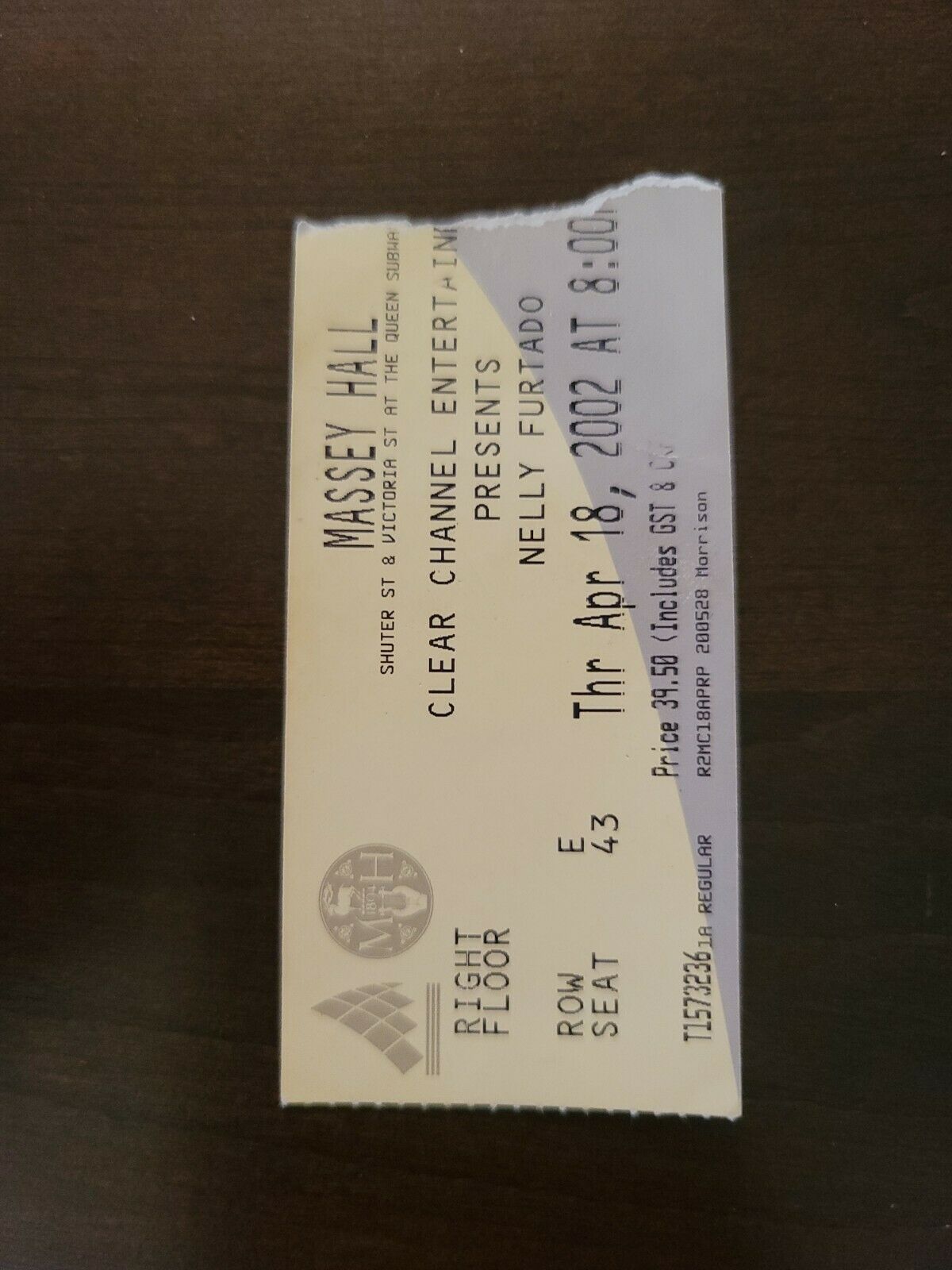 Nelly Furtado 2002, Toronto Massey Hall Original Concert Ticket Stub