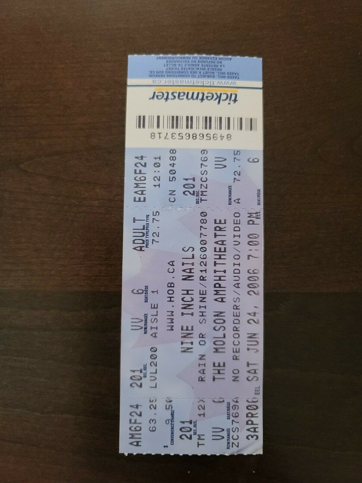 Nine Inch Nails 2006, Toronto Molson Amphitheater Original Concert Ticket Stub