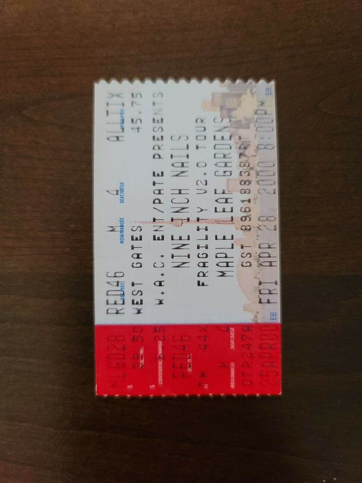 Nine Inch Nails 2000, Toronto Maple Leaf Gardens Original Concert Ticket Stub