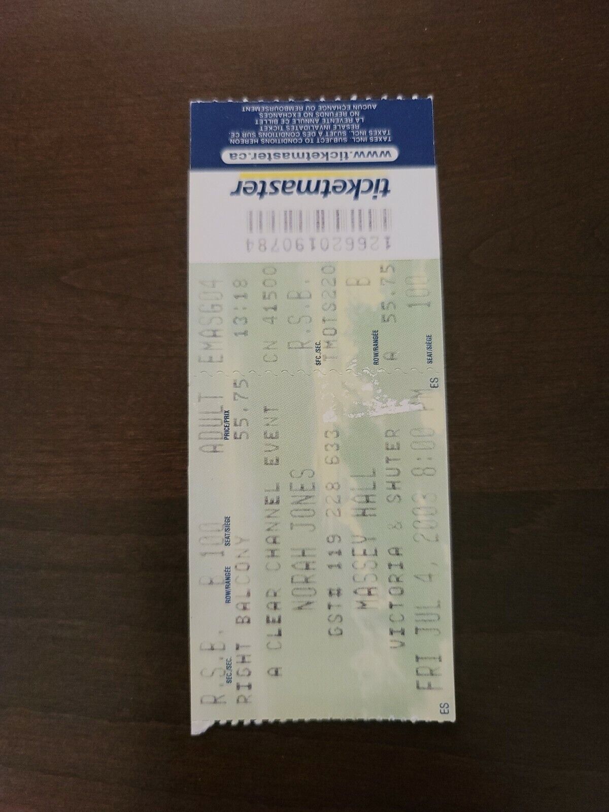 Norah Jones 2003, Toronto Massey Hall Original Ticket Stub