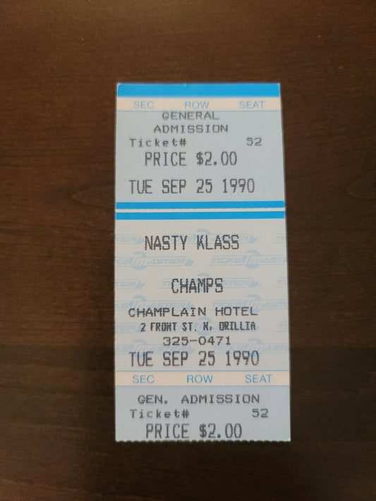 Nasty Klass 1990, Orillia Champlain Hotel Original Ticket Stub
