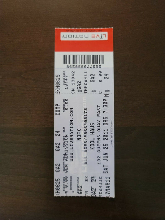 NOFX 2011, Toronto Kool Haus Original Concert Ticket Stub