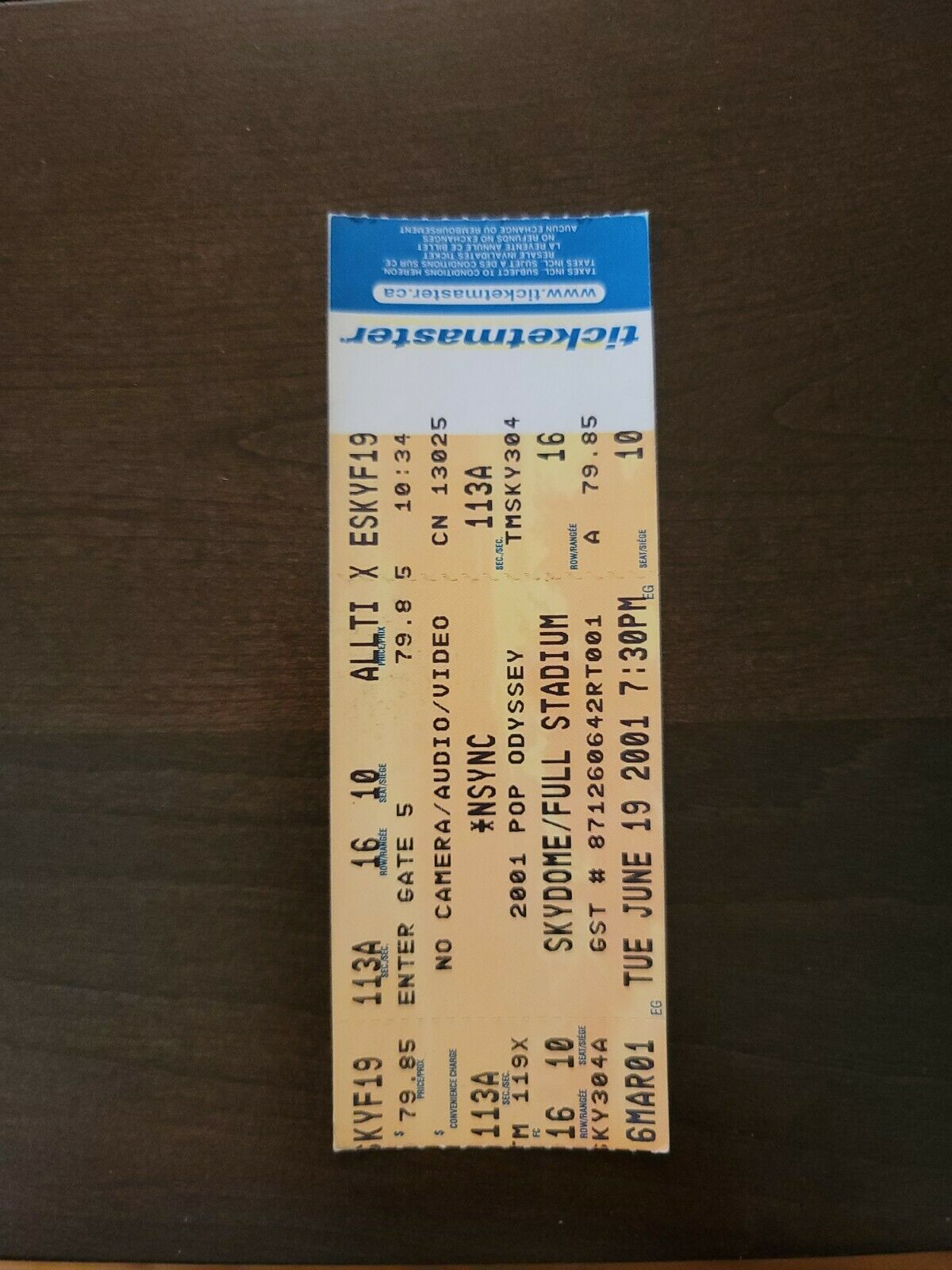 NSYNC 2001, Toronto Skydome Original Ticket Stub Justin Timberlake