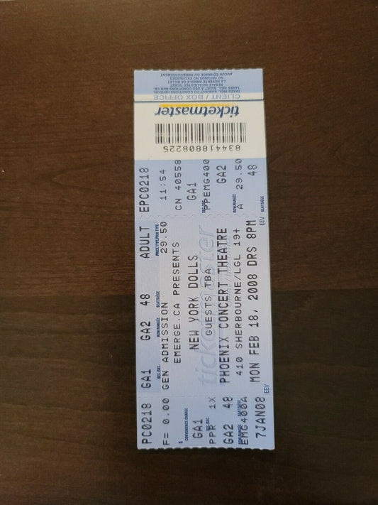 New York Dolls 2008, Toronto Phoenix Theater Original Concert Ticket Stub
