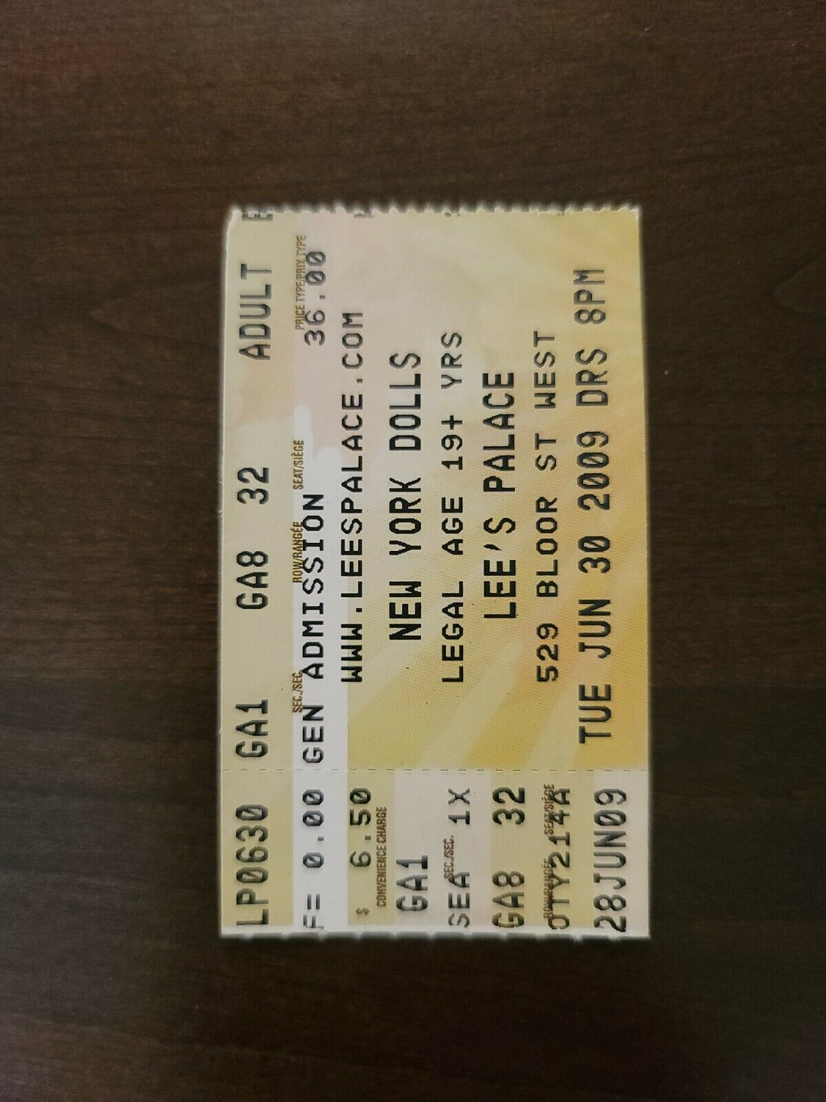 New York Dolls 2009, Toronto Lee's Palace Original Ticket Stub