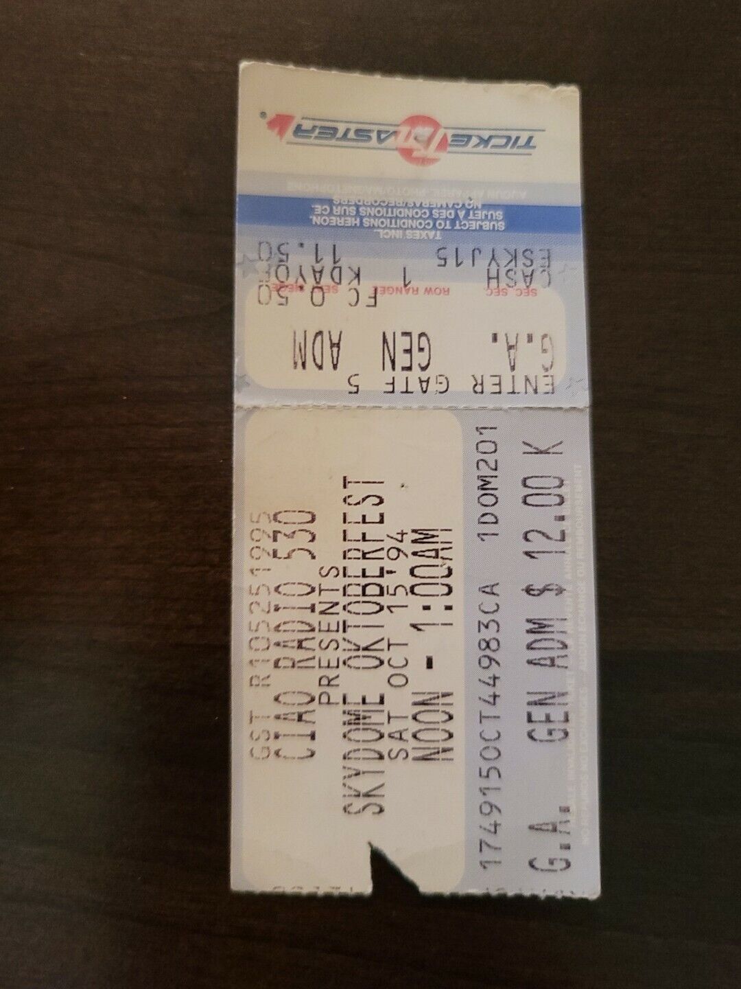 Skydome Oktoberfest 1994 Toronto Original Concert Ticket Stub