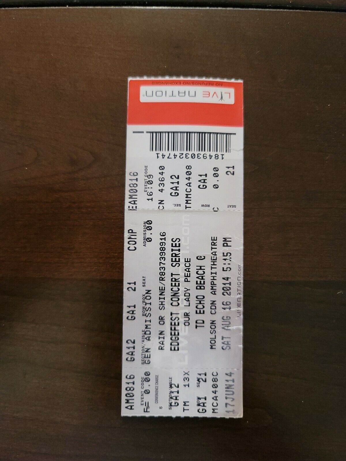 Our Lady Peace 2014, Toronto Molson Amphitheater Original Concert Ticket Stub