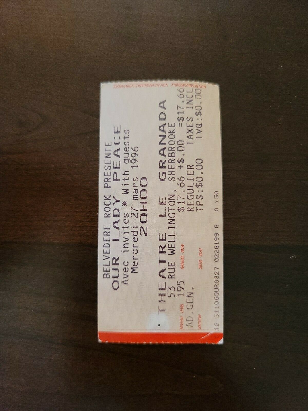 Our Lady Peace 1996, Sherbrooke Theatre Le Granada Original Concert Ticket Stub