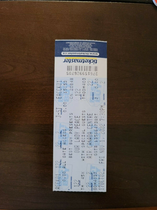 Our Lady Peace 2002, Toronto Air Canada Centre Original Concert Ticket Stub
