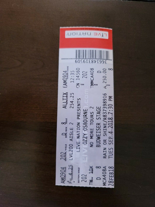 Ozzy Osbourne 2018, Toronto Budweiser Stage Original Concert Ticket Stub