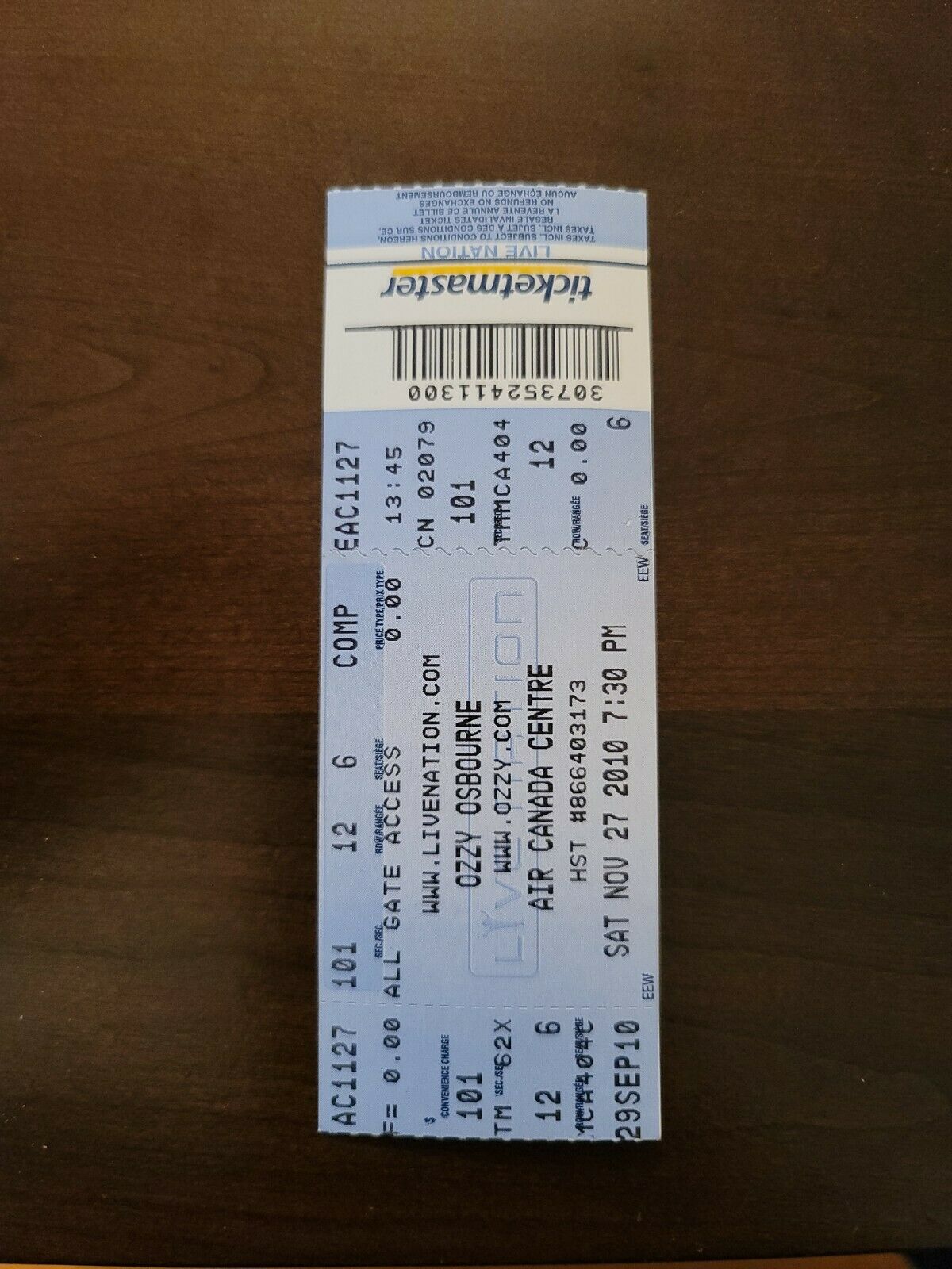 Ozzy Osbourne 2010, Toronto Air Canada Centre Original Concert Ticket Stub