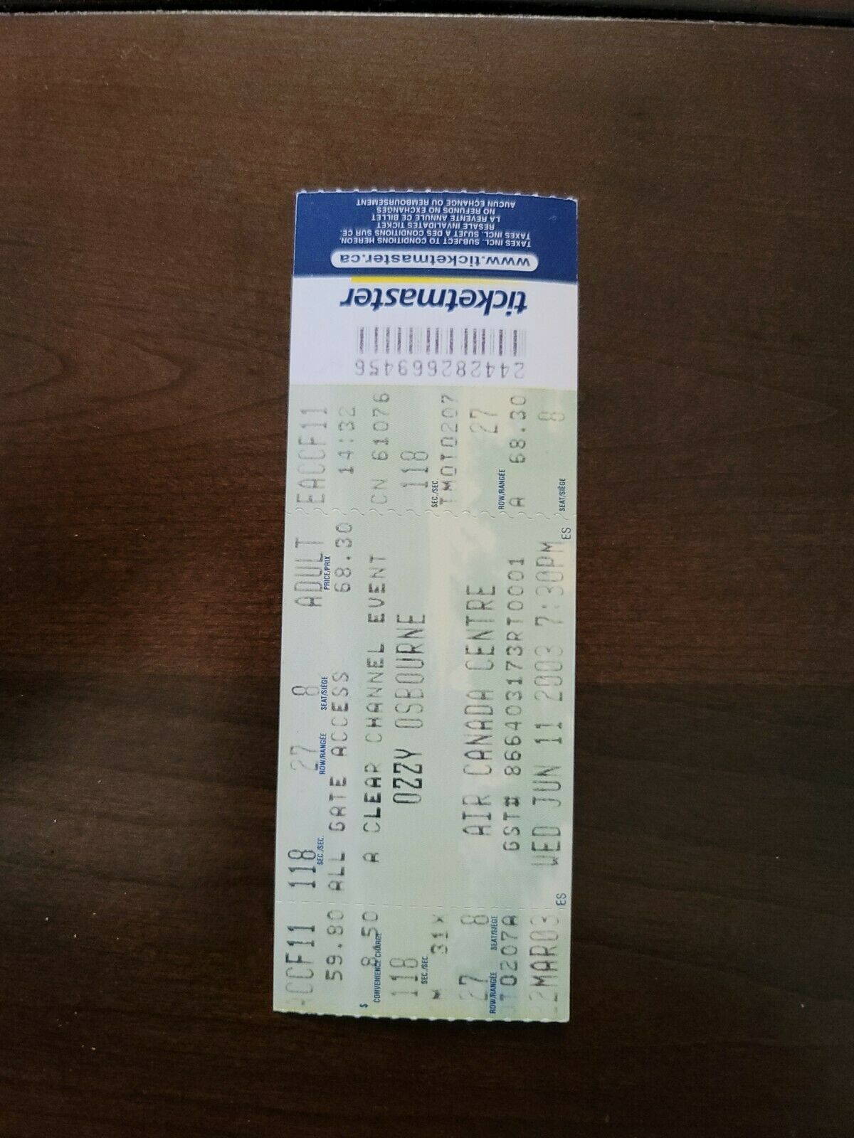Ozzy Osbourne 2003, Toronto Air Canada Centre Vintage Concert Ticket Stub
