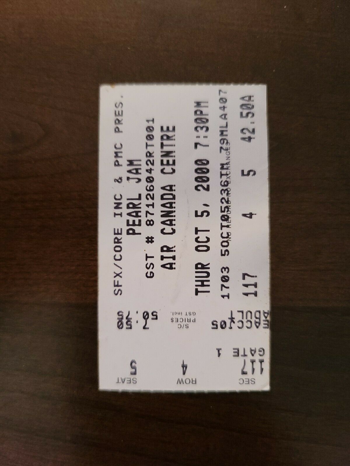 Pearl Jam 2000, Toronto Air Canada Centre Original Concert Ticket Stub