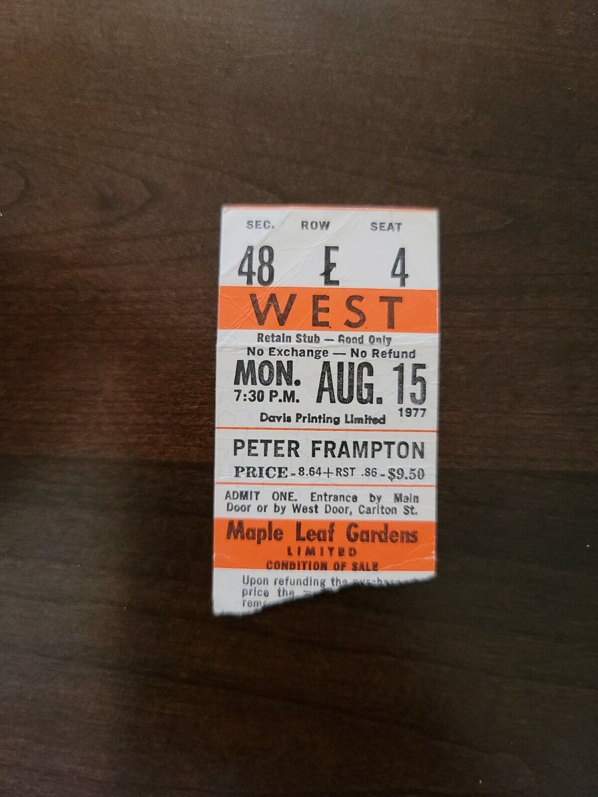 Peter Frampton 1977, Toronto Maple Leaf Gardens Original Concert Ticket Stub