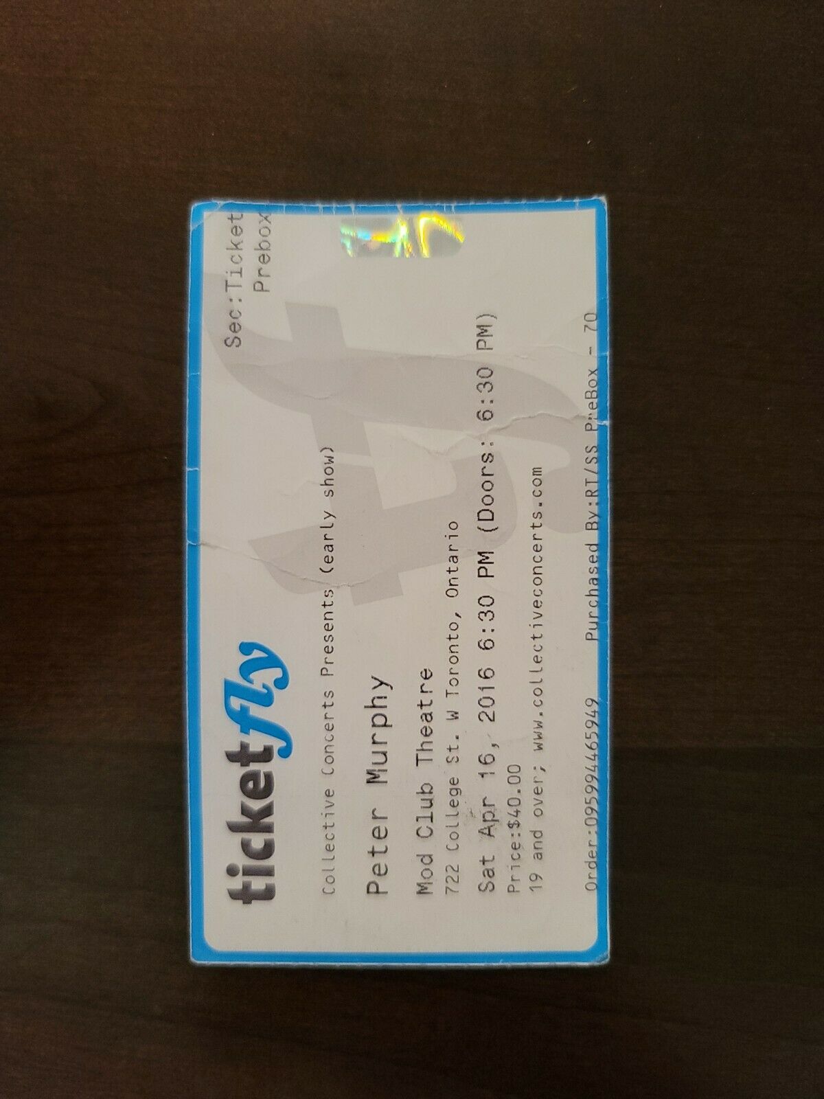 Peter Murphy 2016, Toronto Mod Club Original Concert Ticket Stub